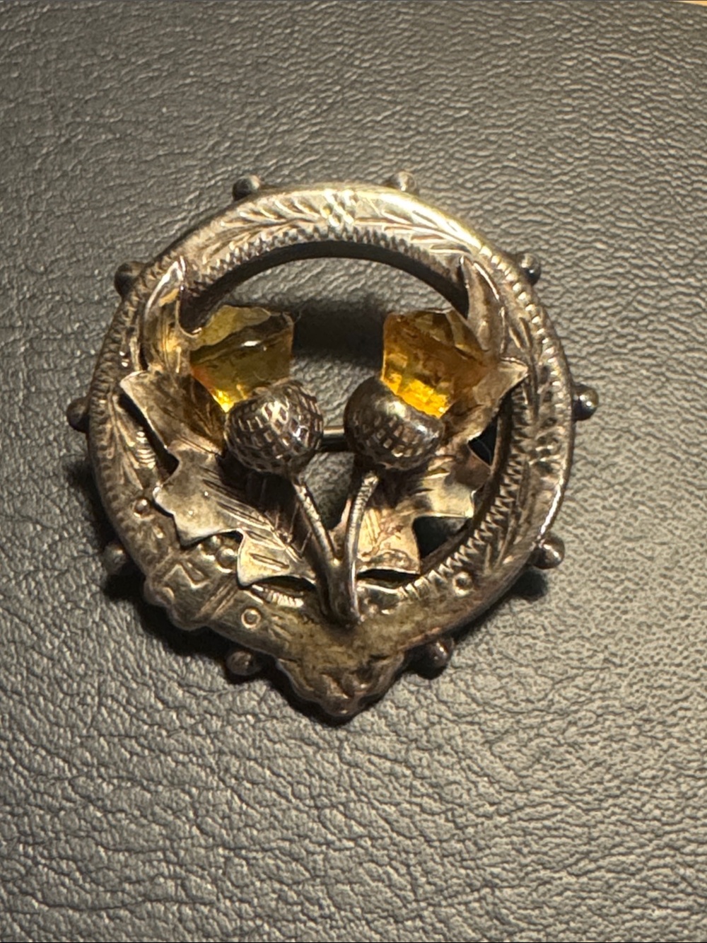 Sterling Silver Antique Celtic Thistle Brooch with Citrine Glass Stones